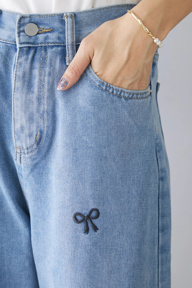 vmtvr Stylish Women Embroidery Bow Denim Wide Leg Pants Ladies High Waist 2024 Spring Summer Loose  Jeans Trousers