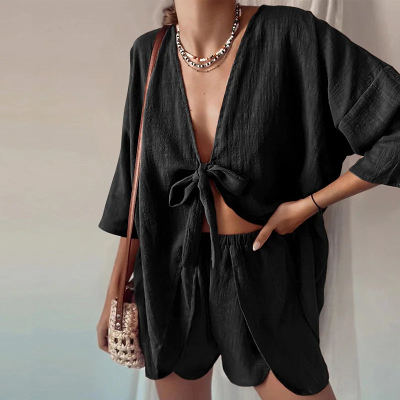 vmtvr Simple Casual Solid Women's Two Piece Sets Fashion Loose Homewear Outfit Summer Sexy Deep V Lace Up Top with Shorts Pajama Suits