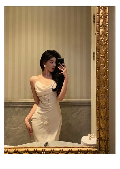 vmtvr  -  Elegant Fashion Spaghetti Strap Midi Dresses for Women Summer New Korean Luxury Sequin Evening Wedding Party Female Clothes