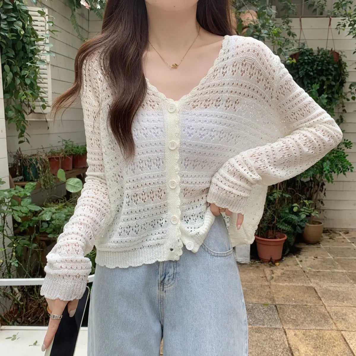 vmtvr Long Sleeve T Shirt Women's Summer Thin Section Hollow Ice Silk Knitted Cardigan Lace Button Korean Loose Top Striped Sexy Soft