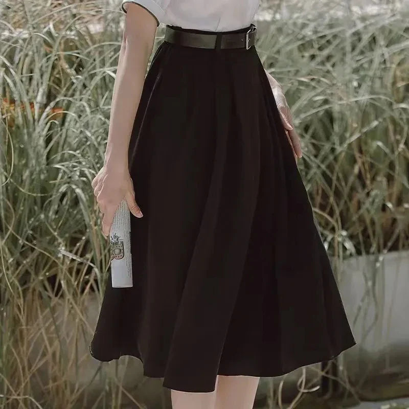 vmtvr Summer High Waist Pleated Skirts Women Korean Casual Loose Midi Skirts Fashion Female Elegant Solid A Line Skirts New