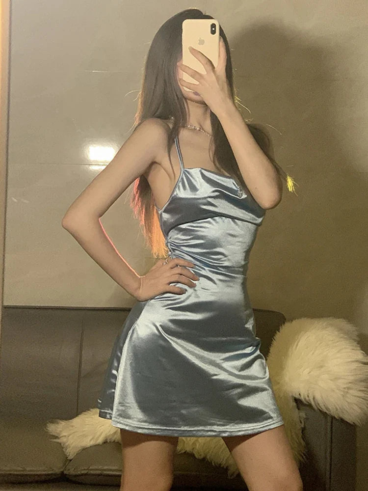 vmtvr Sexy Backless Women Strap Satin Dress Fashion Bodycon Party A Line Mini Dress Summer Sleeveless Elegant Female Vestidos New