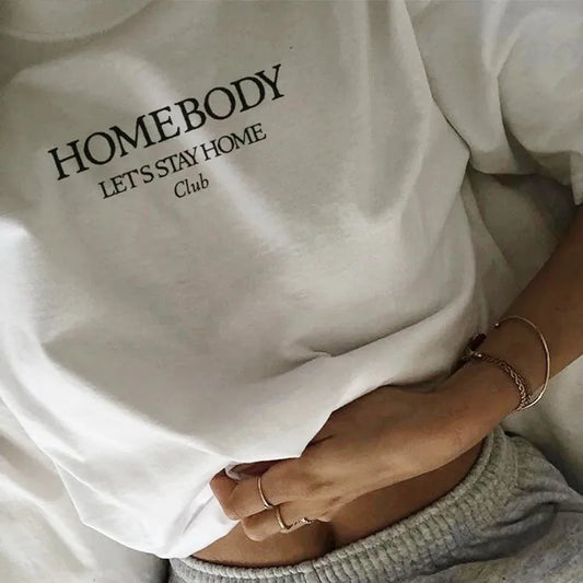 -Retro sports style outfit streetwear 90s fashion Let's Go Stay Home Club Letters Printing Women Summer Casual T shirts Short Sleeve Loose Cotton White Tops Ins Fashion Tees