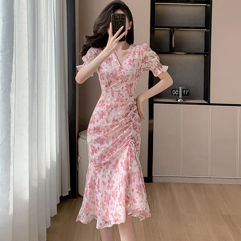 vmtvr 2024 Pink Floral Chiffon Sequins Luxury Prom Clothes Women Short Sleeve V-Neck Casual Ruffled Dress Summer Korean Fashion Dress