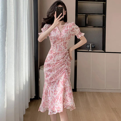 vmtvr 2024 Pink Floral Chiffon Sequins Luxury Prom Clothes Women Short Sleeve V-Neck Casual Ruffled Dress Summer Korean Fashion Dress