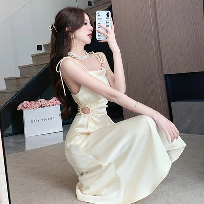 vmtvr  -  Summer Sexy Women Spaghetti Strap Elegant Midi Satin Dresses Wedding Evening Birthday Holiday Backless Prom Clothes New in Dress