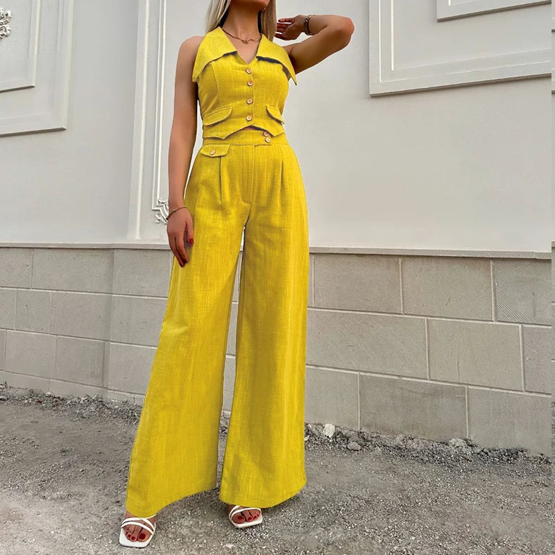vmtvr Ladies Turn-down Collar Button Top and Wide Leg Pants Set Fashion Elegant Commuting Slim Suit New Summer Streetwear Solid Outfit