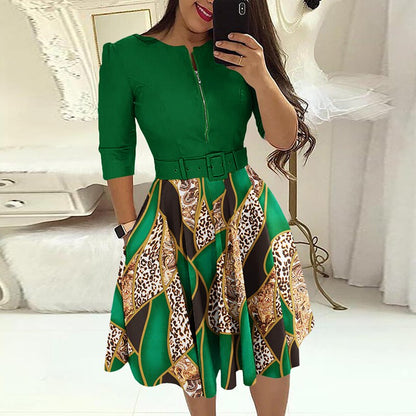 Mini Dresses O-neck Three-quarter Sleeve With Belt A-line Skirt Print Patchwork Party Dress Autumn 2023 Fashion Elegant Vestidos