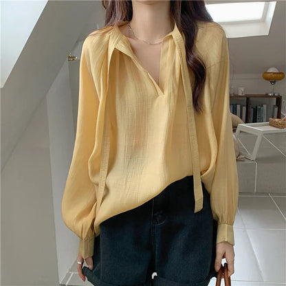 -Fall Outfits Long Sleeve Top Korean Fashion Micro Through Chiffon Shirts Women Spring Summer New Loose Ribbon Stand Collar Long Sleeve Blouses Tops Mujer