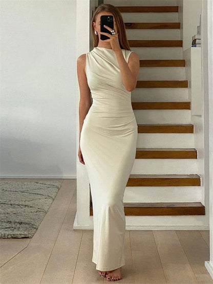 Pleated Sleeveless Slim Maxi Dress For Women Solid Fashion Elegant Party Dress Gown Off-Shoulder High Waist Bodycon Dress