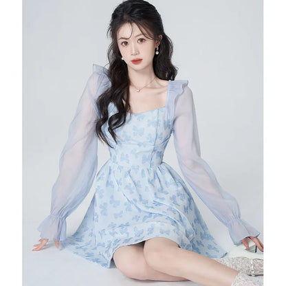 vmtvr Casual Sweet Fairy Dress Women Summer Ruffles Chiffon Elegant Korean Style Mini Dress Female Blue Empire Beach Party Dress