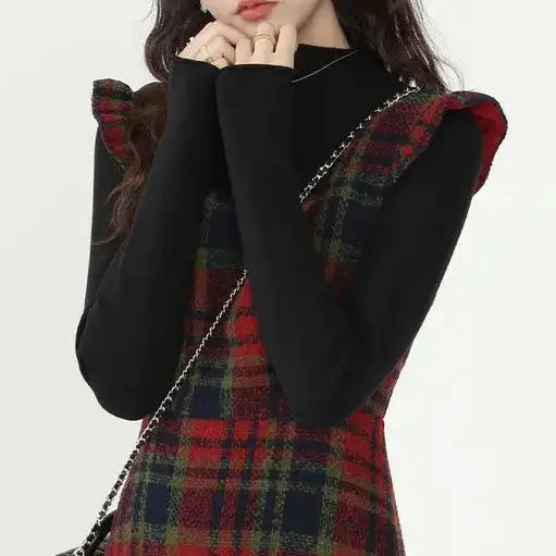 vmtvr  -  Korea Chic Feminine Vestidos Women Ruffles Elegant Retro Cute Vintage Woolen Red Plaid Shirt Dress