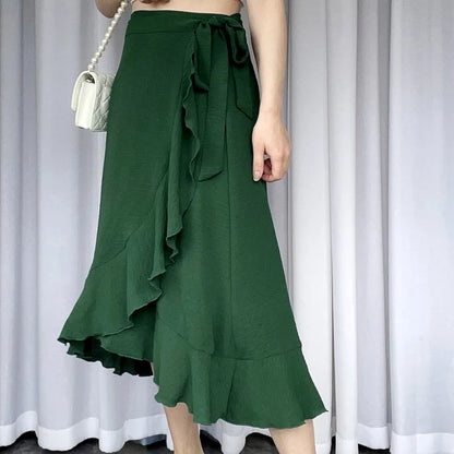 vmtvr Elegant Summer High Waist Skirts For Women Fashion Irregular Ruffle A-line Tie-up Warp Skater Beach Holdiay Sunscreen Clothing