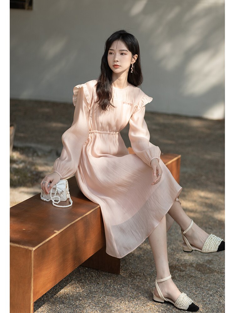 Spring Pink Dress Women Long Sleeve Elegant Sweet Dresses A Line Loose Midi Dress Female Vestidos MXB12L0526