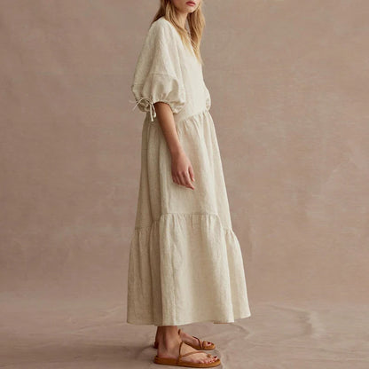 vmtvr Newly French Vintage Elegant Cotton Linen Lantern Sleeve Women Dresses 2023 Summer Casual Solid Tie Loose Maxi Female Dress