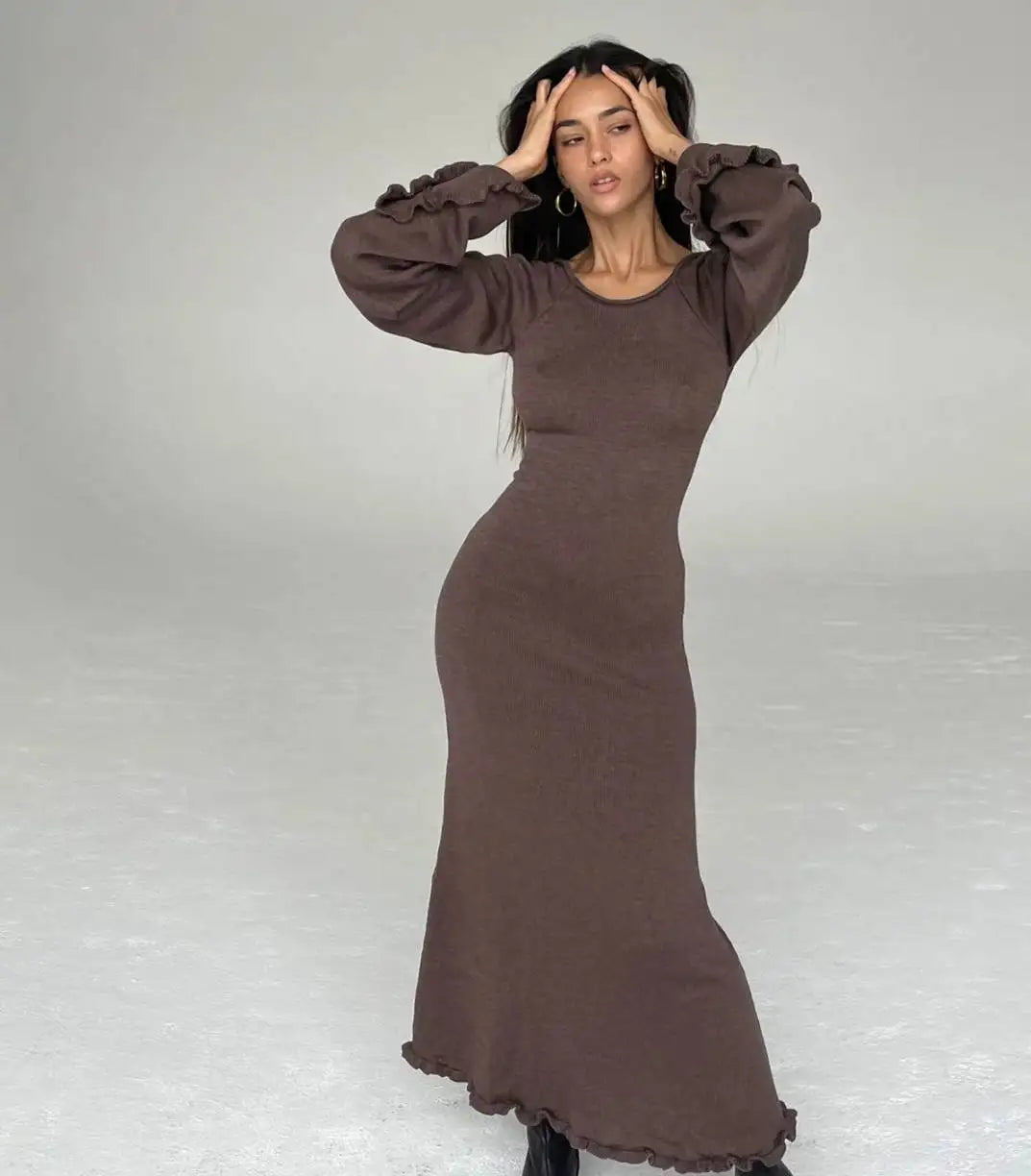 vmtvr Elegant Knitted Sweater Maxi Dress Outfits for Women Flare Sleeve Sexy Backless Dresses Edible Tree Fungus Clothes