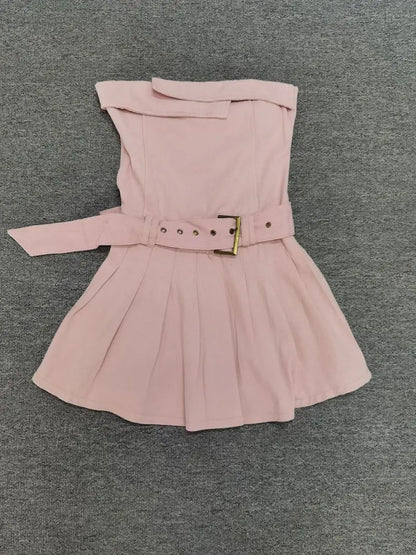 vmtvr  -  Sweet Hot Girl Pink Strapless Denim Dress Women's Summer Pure Sexy Slim Fit A-line Pleated Short Dress Fashion Female Clothes