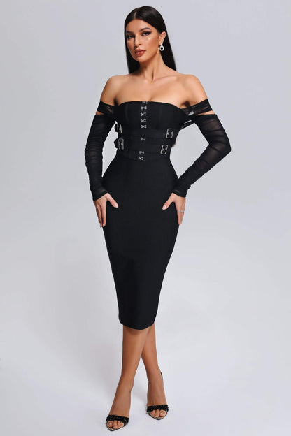 vmtvr - 2023 New Black Color Women Mesh Long Sleeve Sexy Off the Shoulder Bodycon Mid-calf Dress Bandage Elegant Evening Party Dress