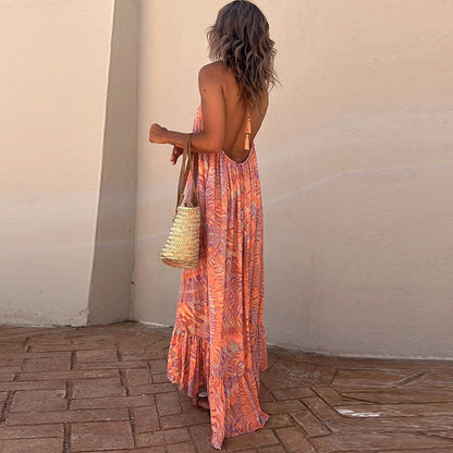 Vintage Casual Pattern Print Boho Long Dress Spring V Neck Tie-up Tassel Maxi Dress Women Big Backless Hollow Summer Beach Dress