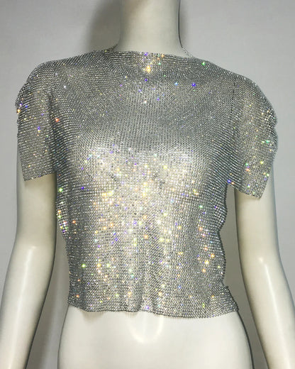 vmtvr Shiny Rhinestone Tshirts For Women 2024 Summer New See Through Short Shirts Ladies Party Sexy Fashion Crop Tops Woman