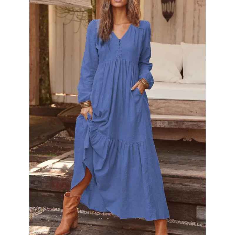 vmtvr  -  Autumn and Winter Women's Clothing V-Neck Button Cotton Linen Retro Casual Long Sleeves Large Swing Long Dresses