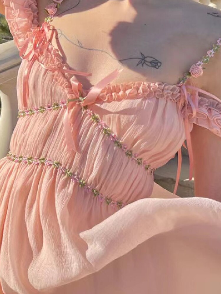 Summer Pink Casual Beach Fairy Dress Boho France Elegant Strap Dress Women Chiffon Korean Style Sweet Party Midi Dress New