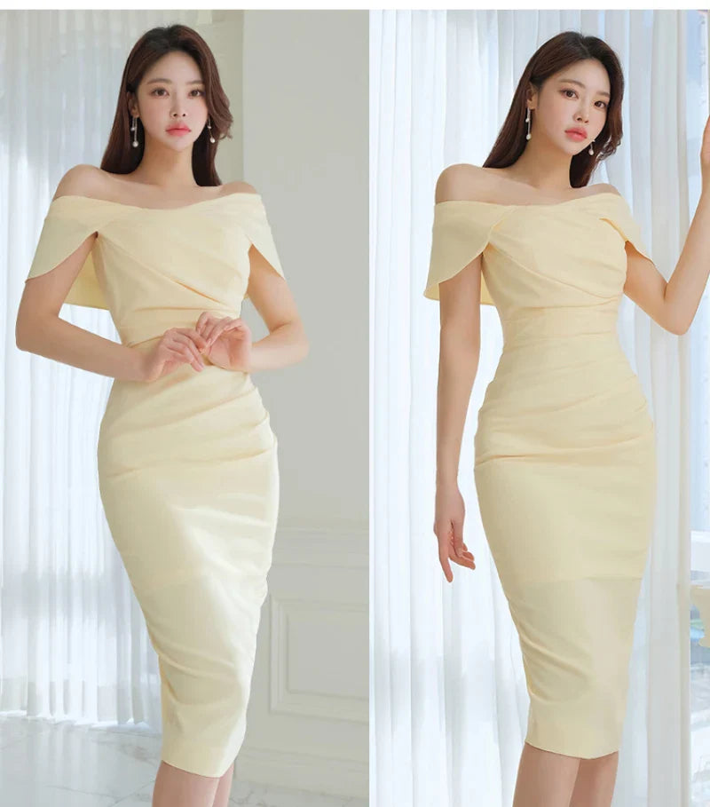 2024 Summer New Korean Fashion Bodycon Blue Midi Dresses for Women Sexy Off Shoulder Elegant Chic Evening Party Female Clothing