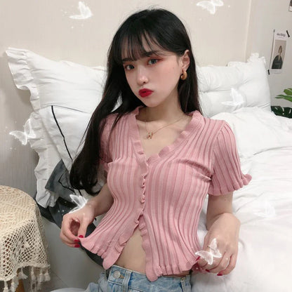 vmtvr Vintage Ruffles Women Knitted T Shirts Summer Korean Short Sleeve Crop Tops Button Up Sexy V Neck Cardigan Female Tees