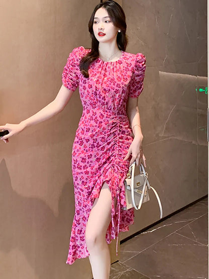 vmtvr Women Floral Chic Pleated Ruffled Mermaid Dress Summer Elegant Bodycon Bandage Dress 2024 Korean Casual Festival Evening Dresses