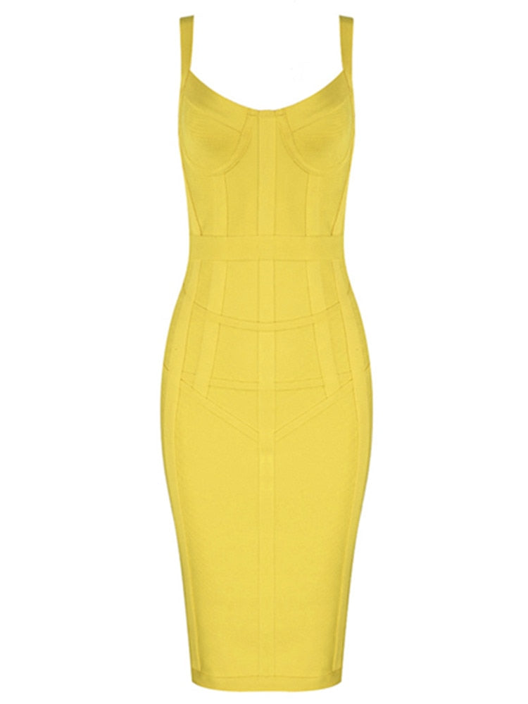 Sexy Sleeveless V Neck Yellow Midi Women Bodycon Bandage Dress  Designer Fashion Evening Party Dress Vestido