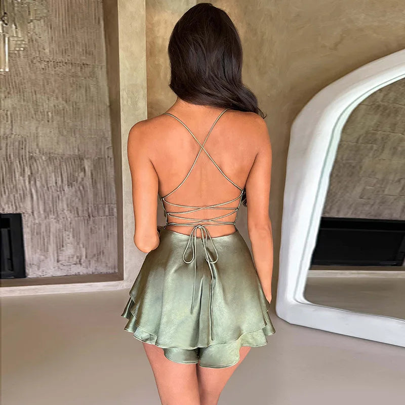 vmtvr Satin Sexy Backless Suspender Dress Summer Women's High WaistTemperament Slim Fit Elastic Backless Strap A-line Evening Dress