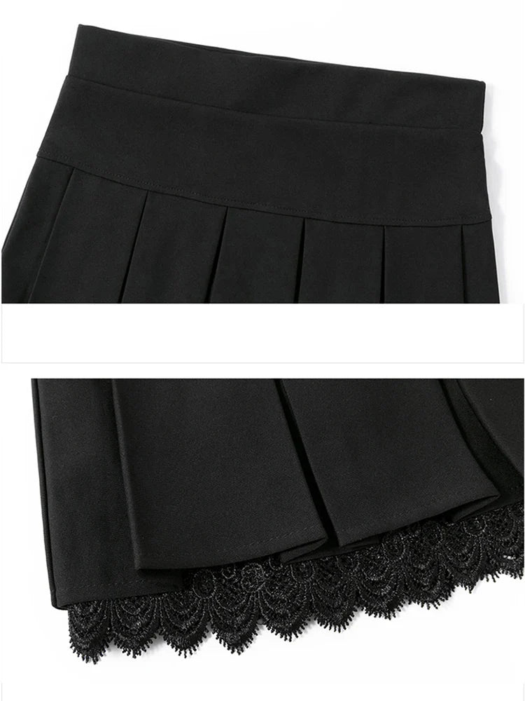 vmtvr Sexy Lace Patchwork Mini Skirt Woman Japan Sweet Pleated A-Line Dance Skirt Summer Fashion Preppy Style High Waist Skirt