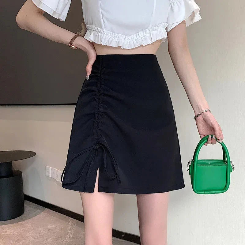 vmtvr Lace Up Women High Waist Skirts Summer Fashion Shirring Female Mini Skirts Y2K Casual Korean Slim Fit Split Skirts