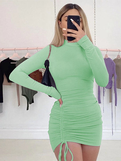 Sexy Ruched Bodycon Mini Dress Women Clothes Fall Long Sleeve O Neck Lace Up Draped Tight Dresses Woman Party Night