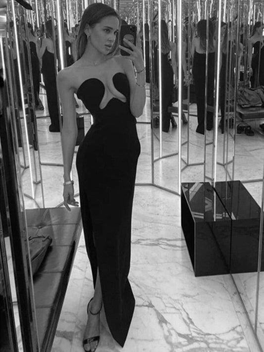 Women Winter Sexy Strapless Backless Split Black Maxi Long Bodycon Bandage Dress 2023 Elegant Evening Party Club Dress Vestidos