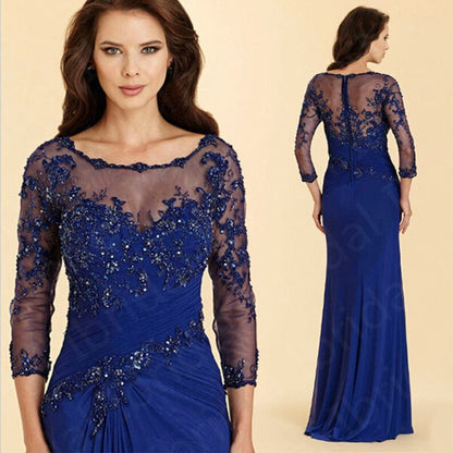 vmtvr Latest Royal Blue Lace Mother of the Bride Dresses Jewel Neck With 3/4 Sleeves Wedding Party Gowns Applique Beaded