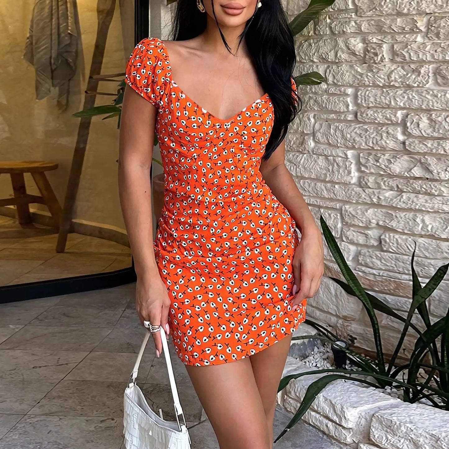 Woman Summer Elegant Slim Fit Short V-Neck Floral Mini Dress Fashion Lady Sexy Robes New Style Versatile Casual Printed Dress