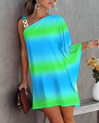 vmtvr Sexy One Shoulder Dress Women 2023 Fashion Printed Loose Office Mini Dresses Casual Straps Batwing Sleeve Beach Party Dresses