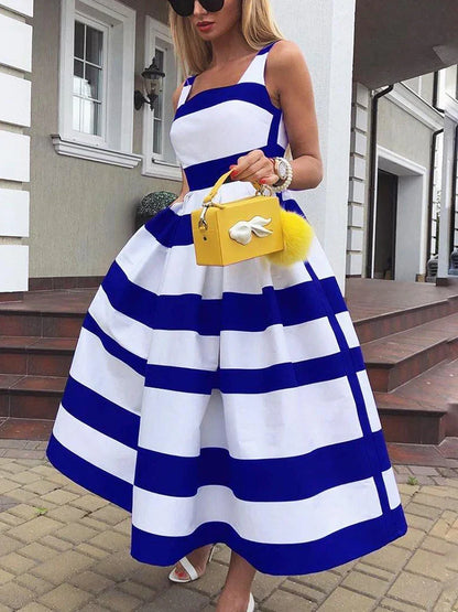 vmtvr  -  Vintage Striped Print Suspender Party Dress Summer Sexy Off Shoulder Princess Dress Women Elegant Sleeveless Long Dress Vestidos