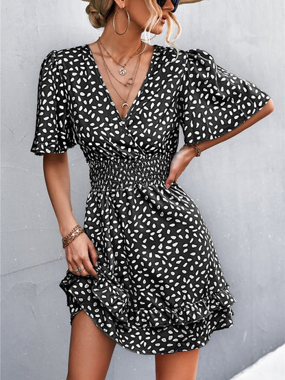 Sexy V Neck Mini Dress For Women Fashion Floral Slim Short Dresses Female Lotus Leaf Sleeve Elegant Dress Summer Vestido Mujer