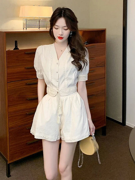 vmtvr Summer New In Women's Shorts Matching Sets Korean Elegant Lace Chiffon Short Sleeve Wide Leg Shorts Plus Size Two Piece Set