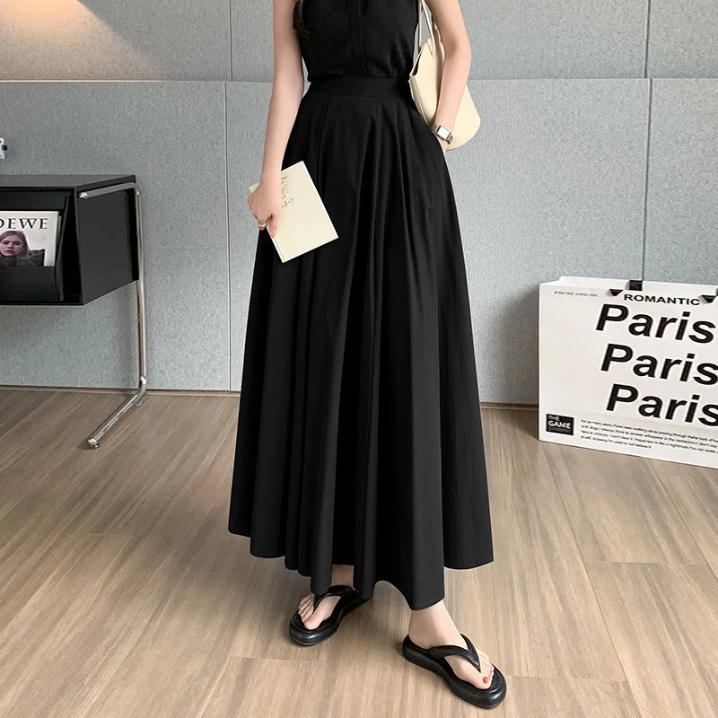 vmtvr Elegant Women Pleated White Pockets Long Skirts Office Ladies Casual Loose High Waist Midi Skirt 2024 Spring Summer