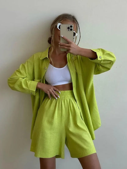 vmtvr Summer Women's Suit Shirt and Short Sets Solid Color Casual Cotton and Linen Blouse and Shorts Two Piece Sets Women Outfit 2024