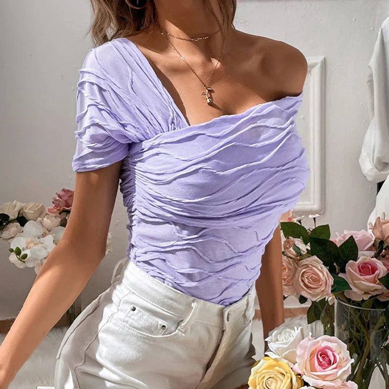 vmtvr Sexy Off Shoulder Women T Shirts American Style Fashion Patchwork Slim Tops Summer Casual Female All Match Folds Slim Tees