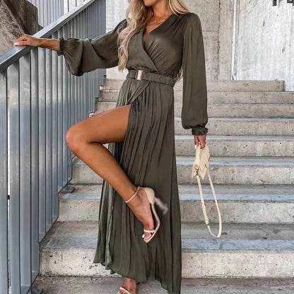 Sexy Wrap V-Neck Waist Maxi Beach Dress New Solid Pleated Slit Cocktail Party Dress Long Sleeve Lace Up Slim Women Elegant Dress