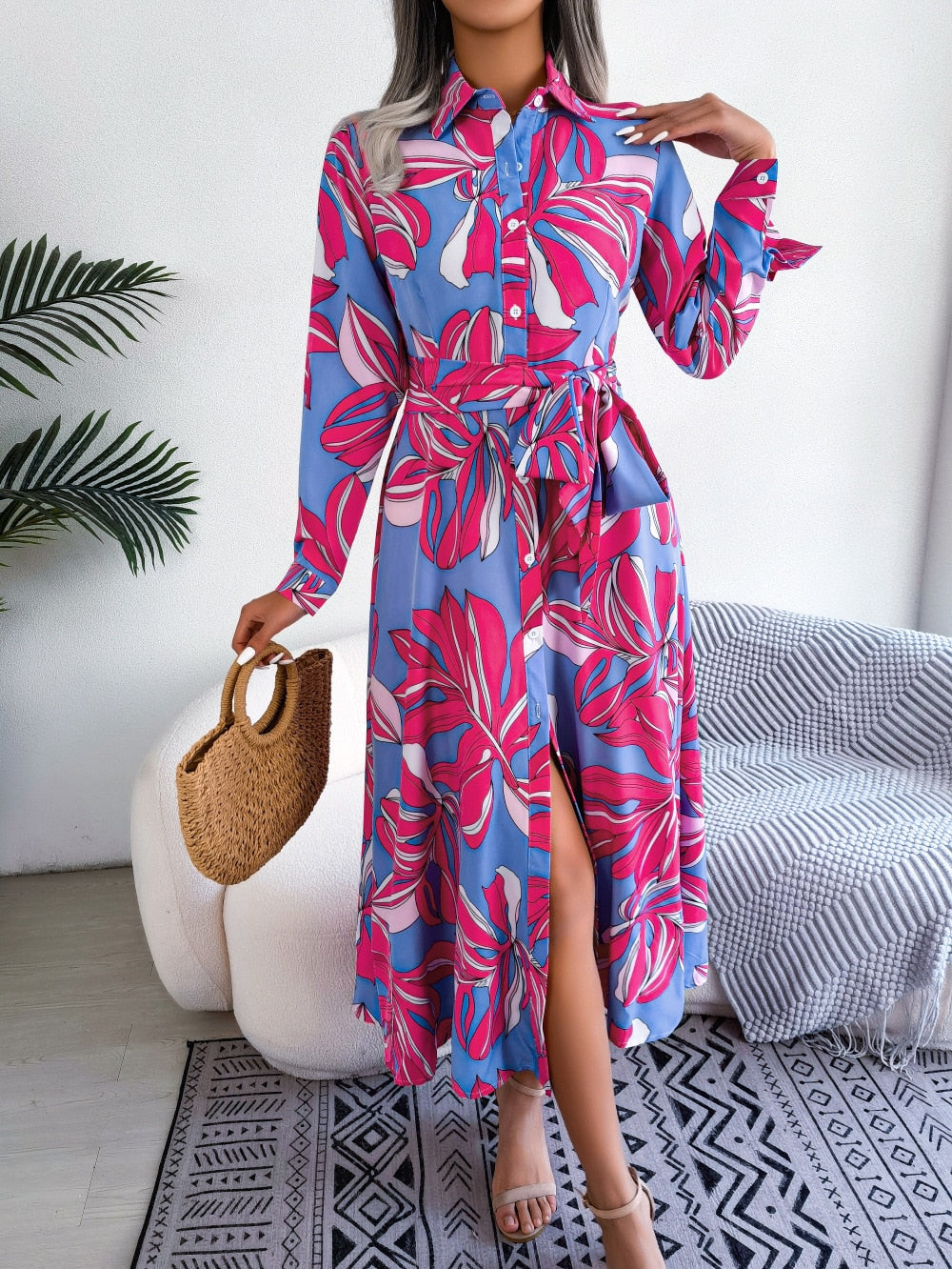 vmtvr -  Spring Summer Skinny Long Dress Elegant Vintage Print Shirt Casual Lapel Button Slit Lace Up Long Sleeve Maxi Vestidos