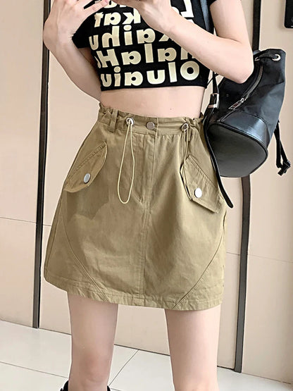 vmtvr Women Drawstring Cargo Skirt Fashion High Waist Preppy Style A Line Mini Skirt Summer Korean Casual All Match Sexy Skirt