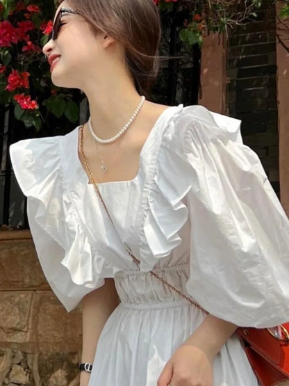 vmtvr Woman Backless White Casual Dresses Summer Chic Ruffles A-line Beach Vestidos Korean One-piece Short Sleeve Clothing