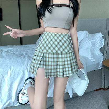 vmtvr Summer Women Plaid Skirt Fashion Streetwear Sexy Split Mini Skirts Korean High Waist Female Casual Pleated Skirts New