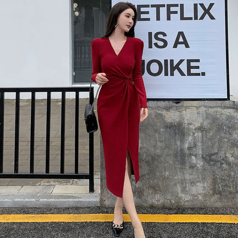 New Autumn Fashion Vintage Elegant Knitted Red Dresses for Women 2023 V-neck Long Sleeved Office Lady Slim Prom Evening Dresses